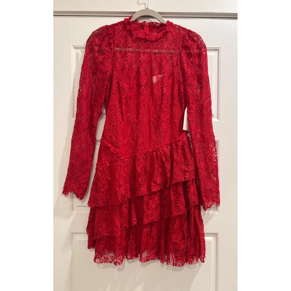 Rowa Red Lace Tiered Ruffle Mini Dress Mock Neck Long Sleeve NWT Size M